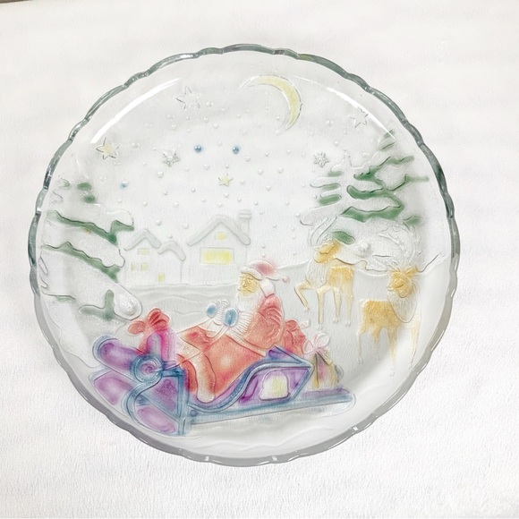 Vintage Grandeur Noel Painted Glass Santa Reindeer Round Christmas Platter 14” - Picture 4 of 10